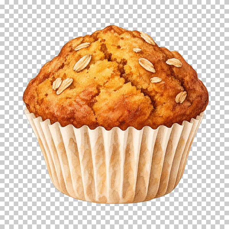 A golden pumpkin muffin with a cracked top and oat flakes in a cream paper case.