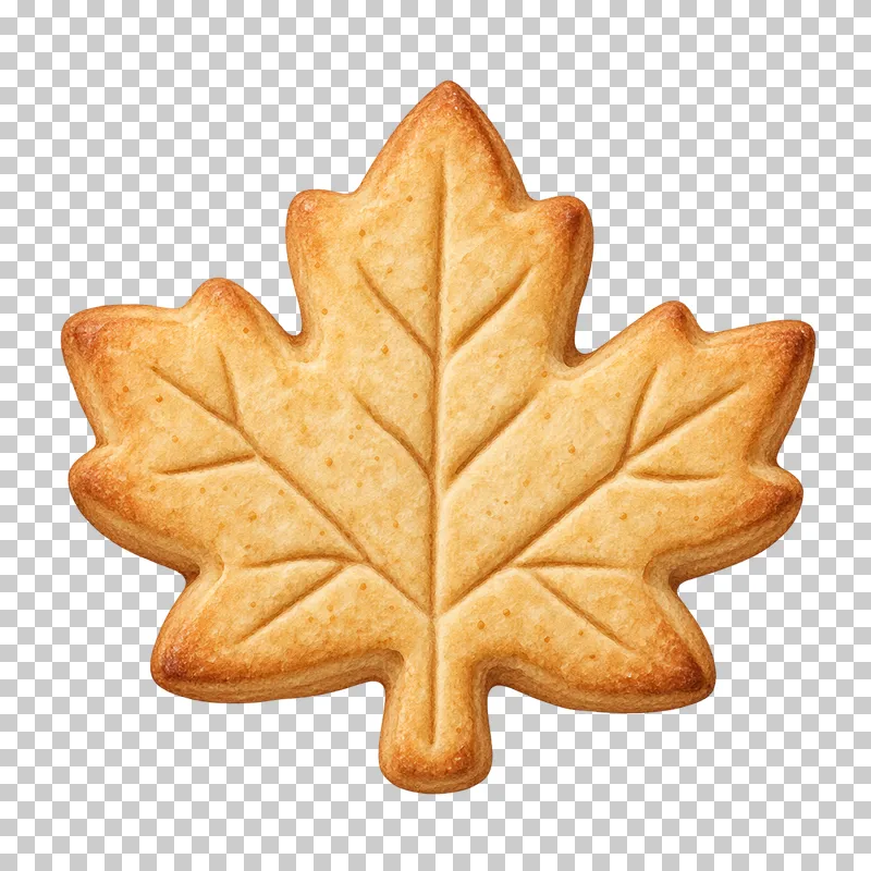A golden shortbread cookie shaped like a maple leaf with impressed veins and browned edges.