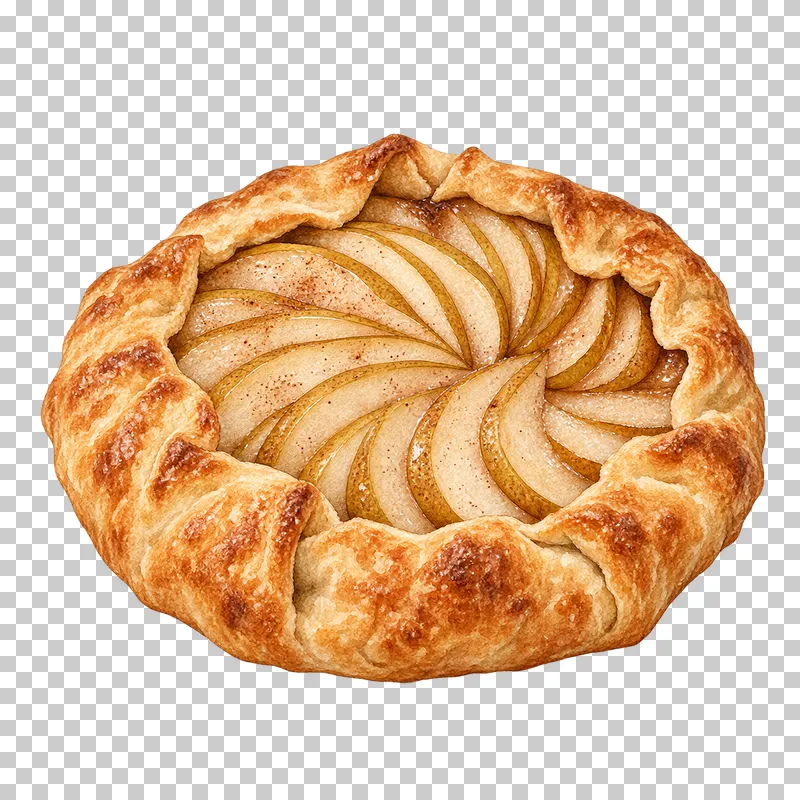 A round pear galette with folded golden pastry and thin pear slices arranged in a spiral.