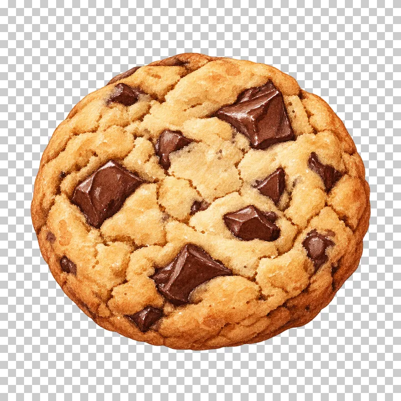 A round golden cookie with a cracked surface and large embedded chocolate chunks.