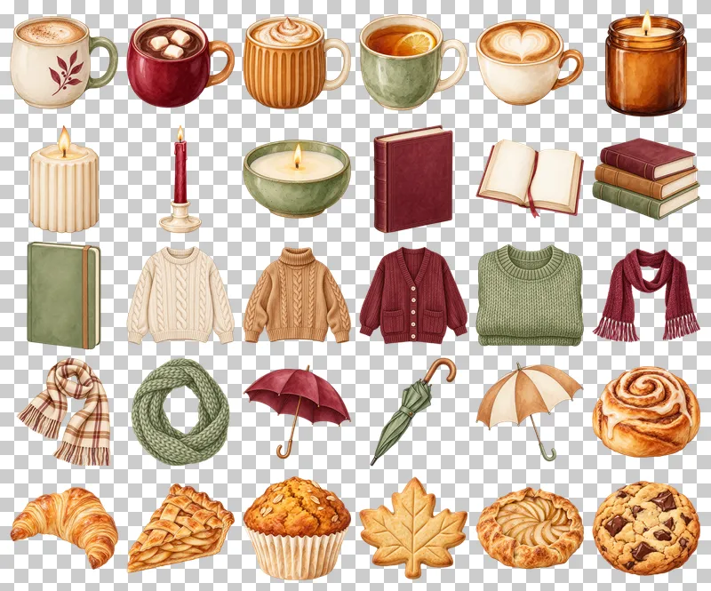 Cozy Autumn PNG Collection: all 30 elements in one grid