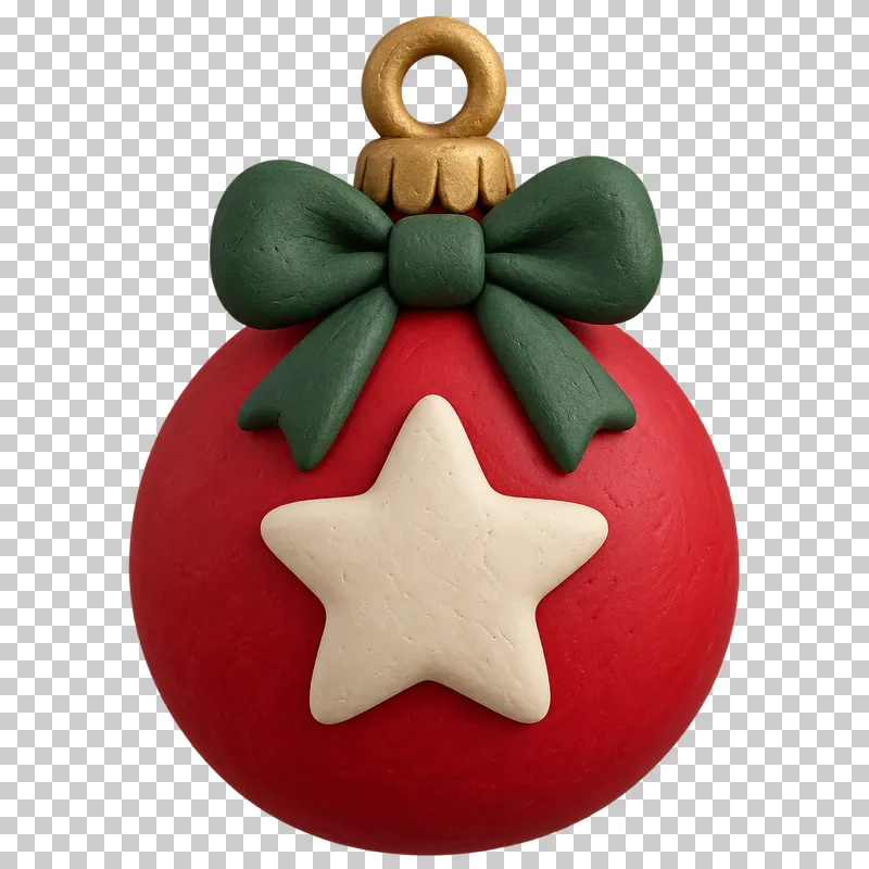 A red clay bauble with a cream star, dark green bow and gold hanging loop.