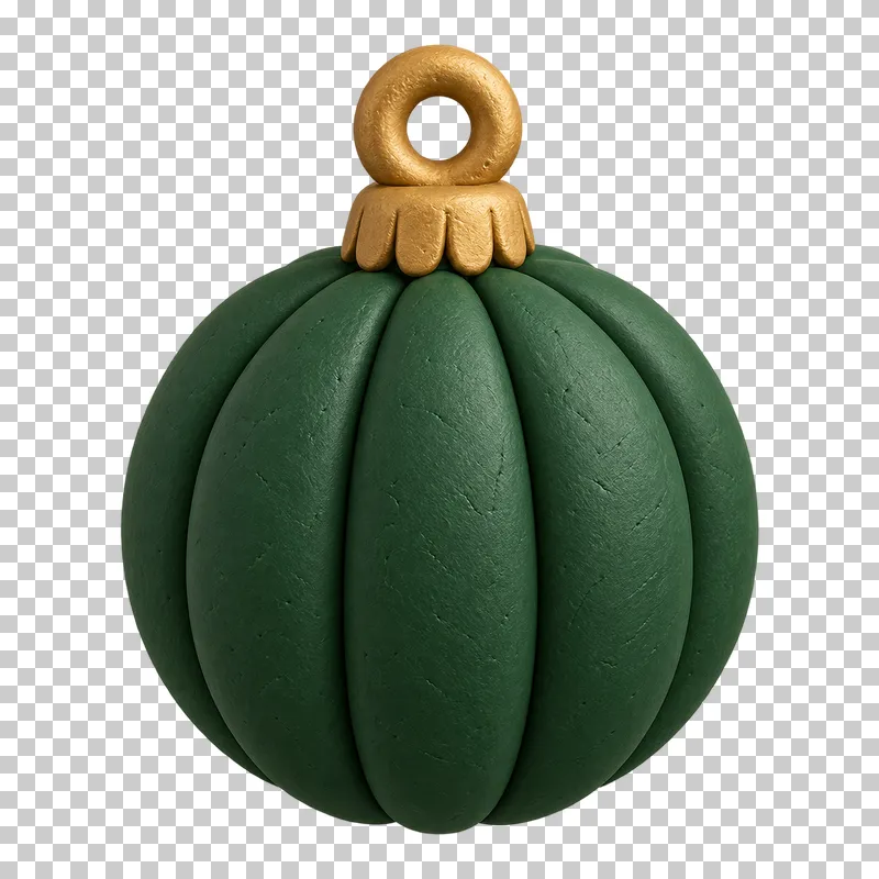 A dark green clay bauble with rounded vertical ribs and a gold cap and loop.