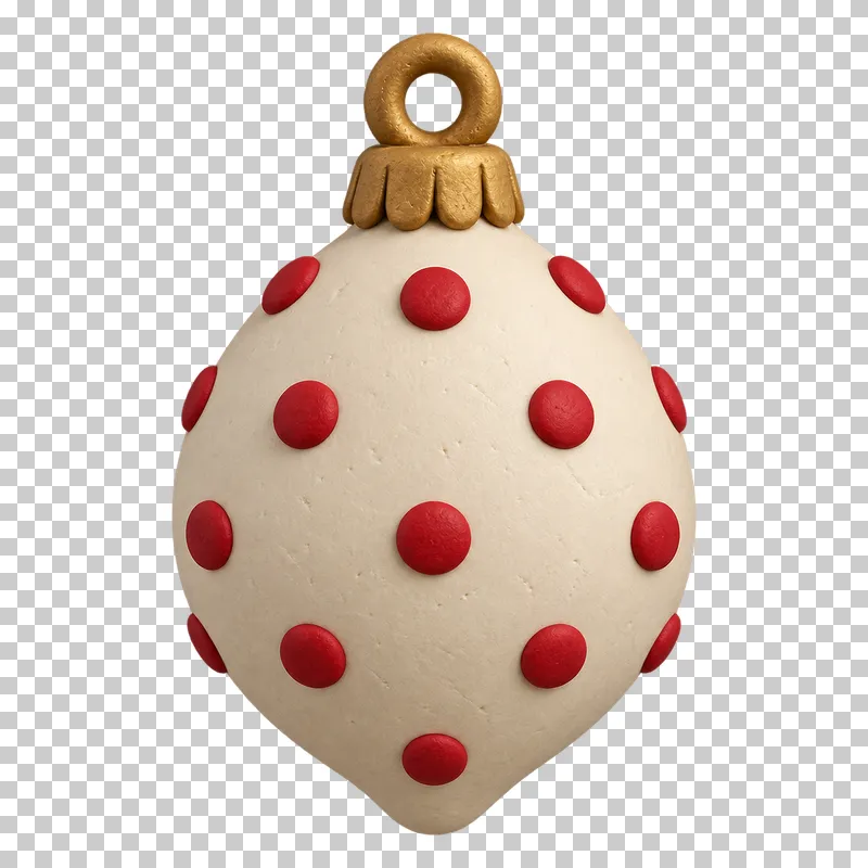 A cream teardrop clay bauble with raised red dots and a gold hanging loop.
