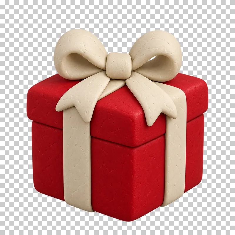 A red clay gift box wrapped with a cream ribbon and rounded bow.