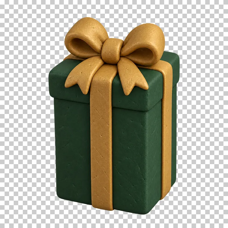 A tall dark green clay gift box wrapped with a muted gold ribbon and bow.