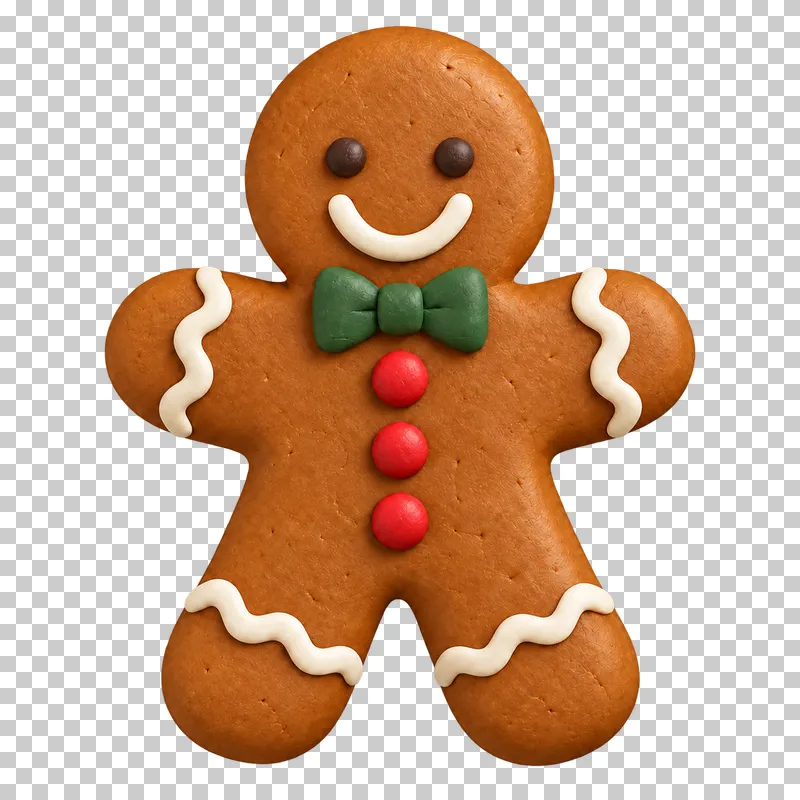 A smiling gingerbread man in matte clay with cream icing, a green bow tie and red buttons.