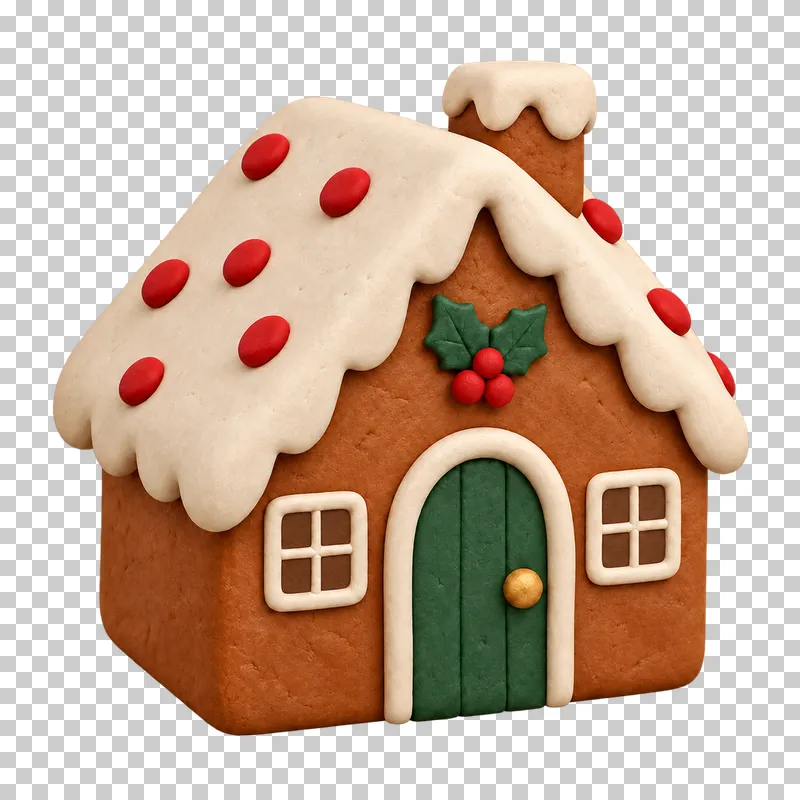 A clay gingerbread house with cream roof icing, red decorations, two windows and a green door.
