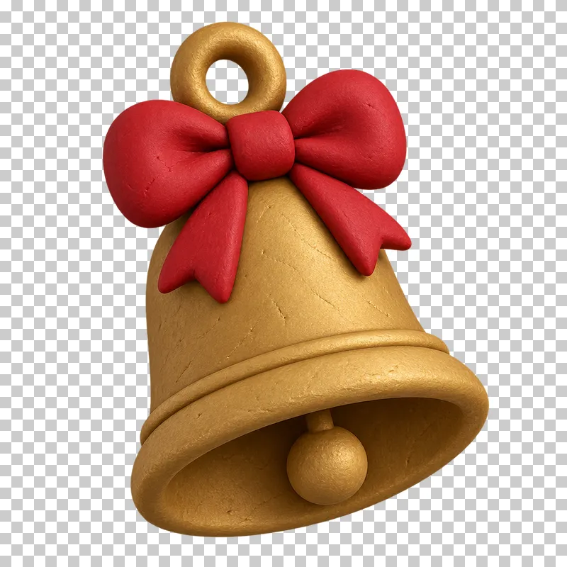 A muted gold clay bell with a red bow, round hanging loop and visible clapper.