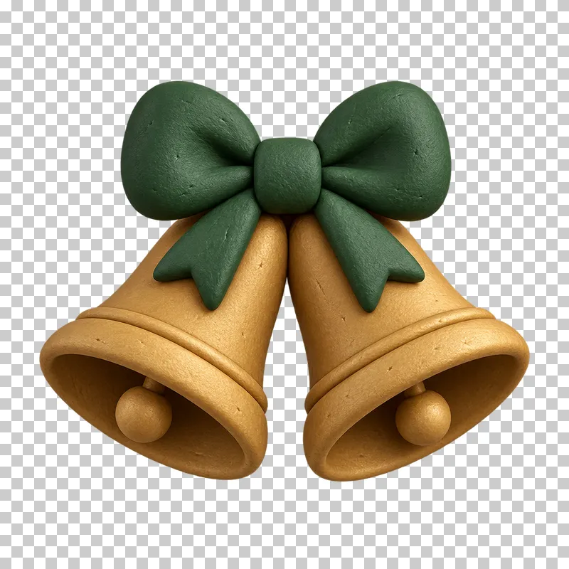 Two muted gold clay bells joined by a dark green bow, each with a round clapper.