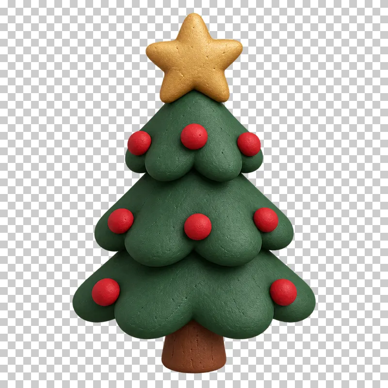 A tiered dark green clay Christmas tree with red baubles, a gold star and a brown trunk.