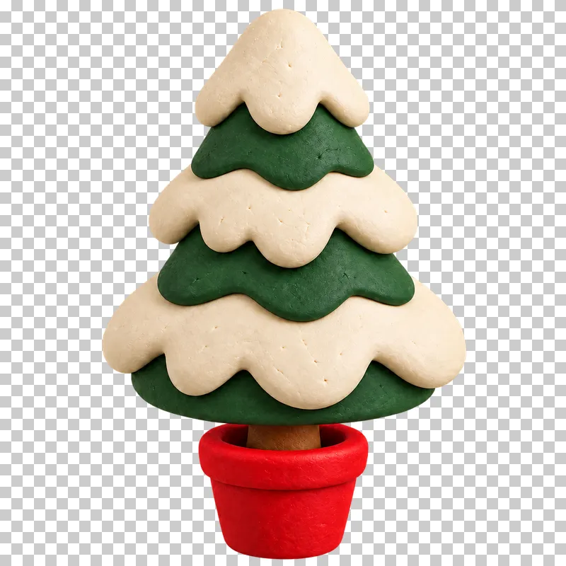 A small clay Christmas tree with layers of cream snow, green branches and a red pot.