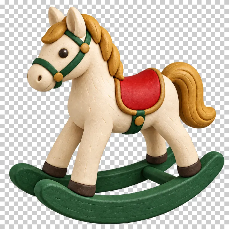 A cream clay rocking horse with a gold mane, red saddle, green bridle and curved green rockers.