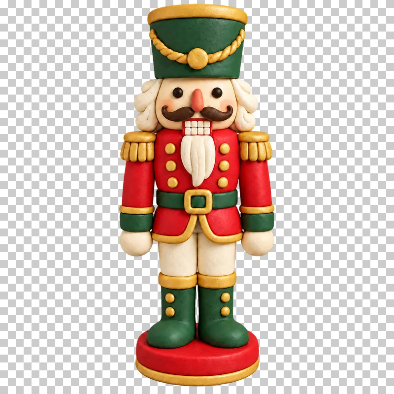 A clay nutcracker toy with a red uniform, green hat and boots, cream beard and round red base.