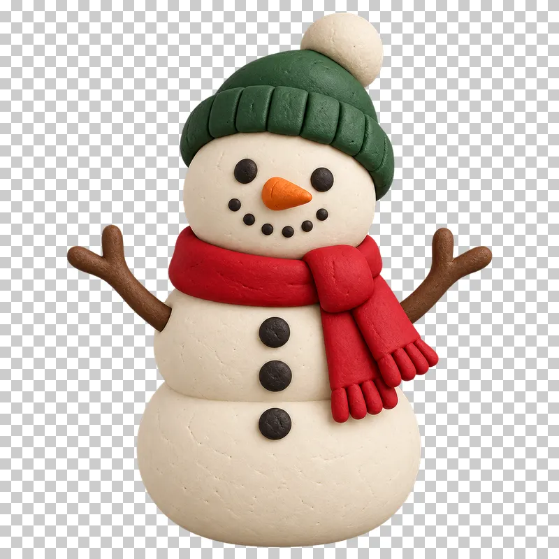 A cream clay snowman with a green hat, red scarf, carrot nose, dark buttons and two twig arms.