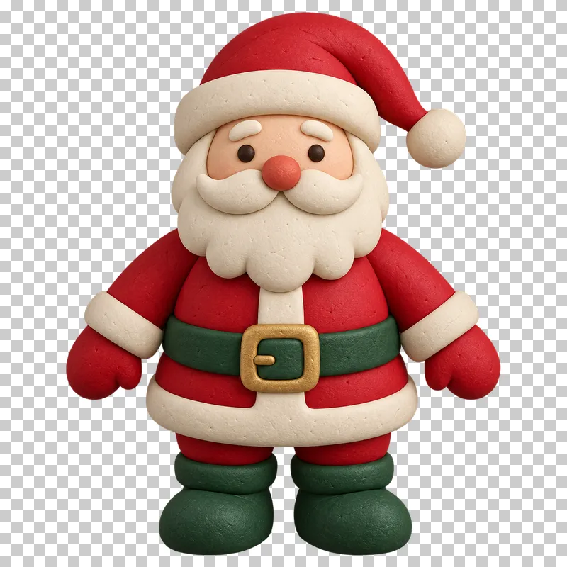 A smiling clay Santa Claus in a red suit and hat with cream trim, a white beard and dark green boots.