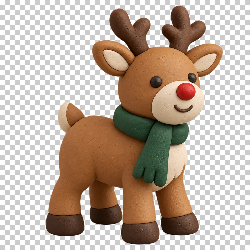 A brown clay reindeer with branching antlers, a red nose, cream muzzle and dark green scarf.