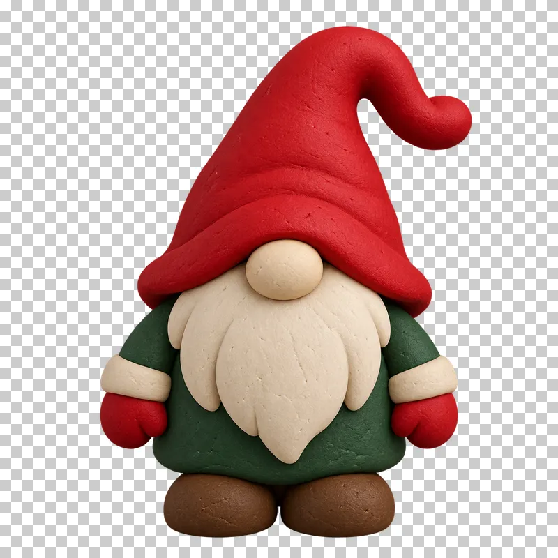 A clay Christmas gnome with a tall bent red hat, cream beard, green coat and brown boots.