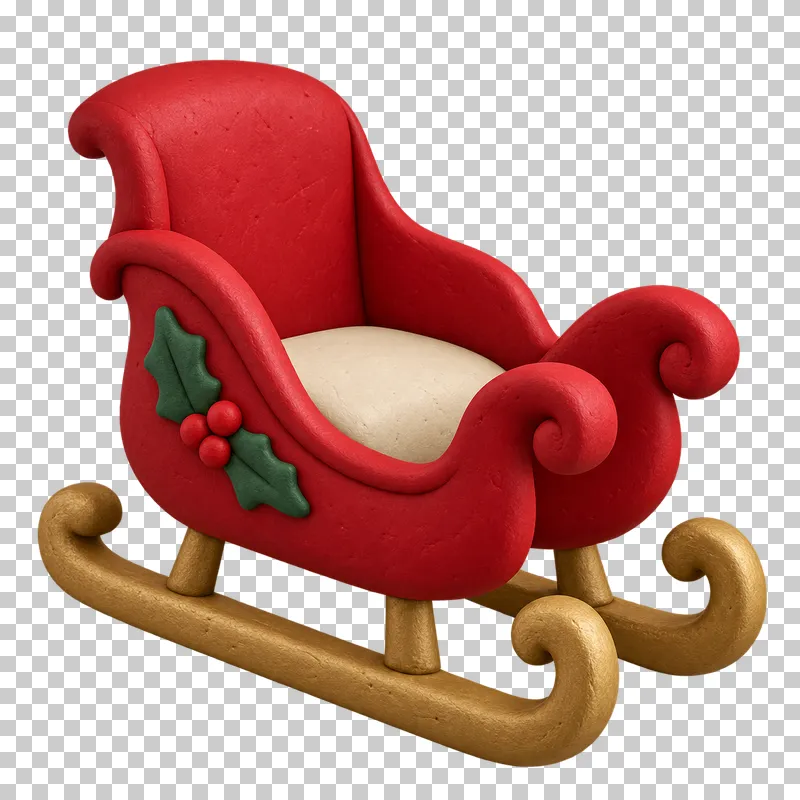 A red clay Christmas sleigh with a cream seat, gold runners and a holly decoration on its side.