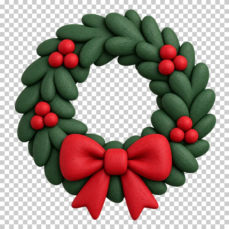A dark green clay wreath with rounded leaves, red berries and a red bow at the bottom.