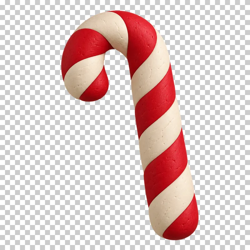 A curved clay candy cane with red and cream spiral stripes.