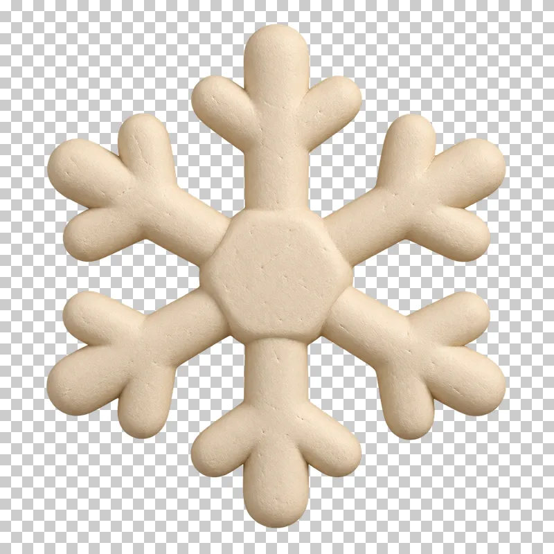 A cream clay snowflake with six rounded arms, paired branches and a hexagonal center.