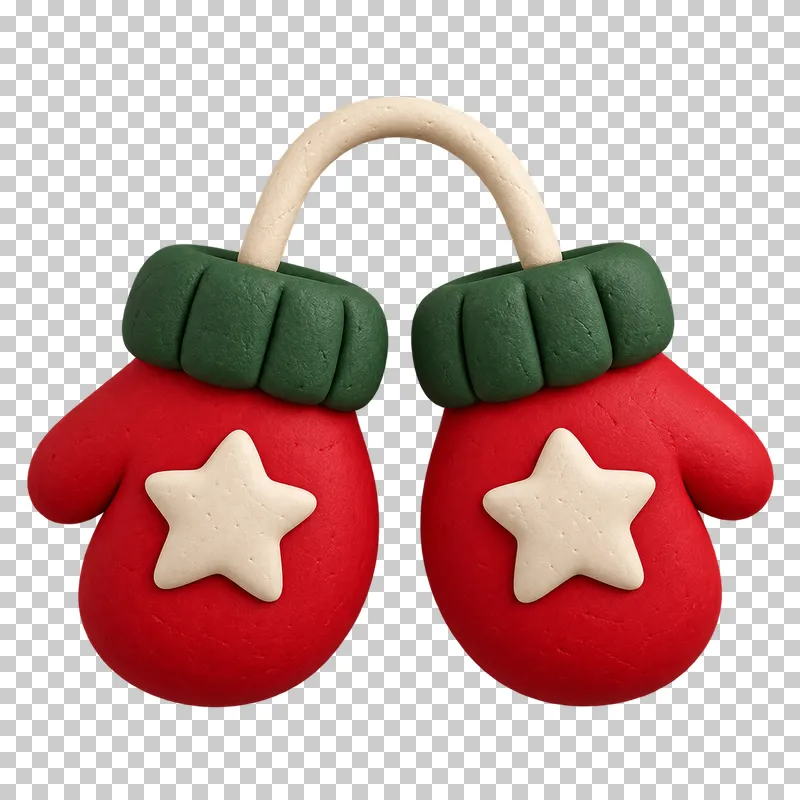 A pair of red clay mittens with green cuffs, cream stars and a connecting cream cord.