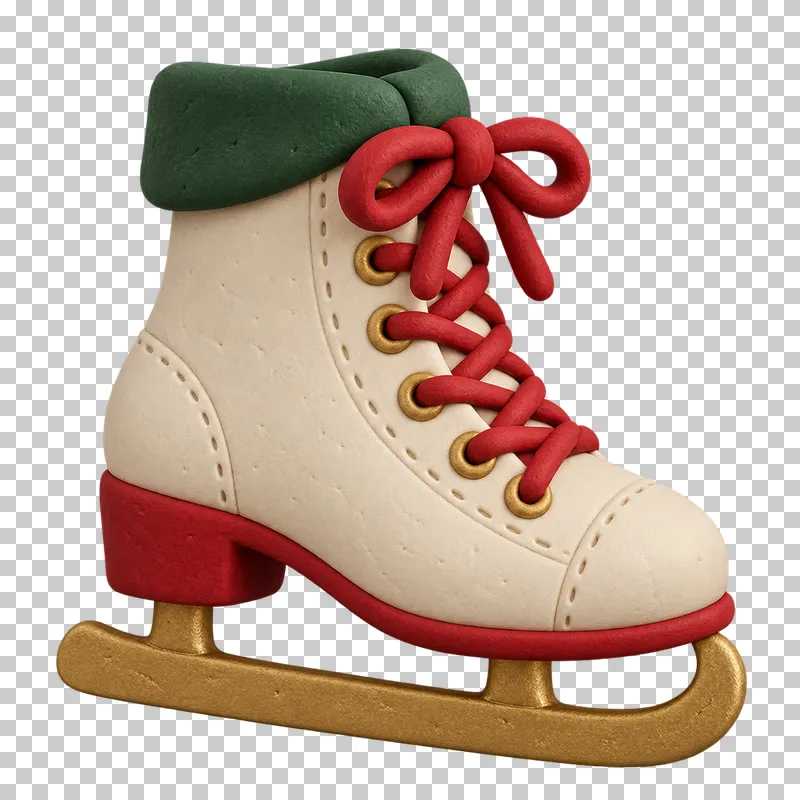 A cream clay ice skate with red laces, a green cuff, red sole and gold blade.