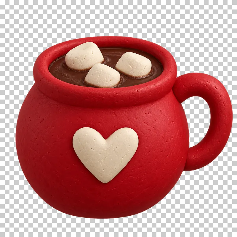 A red clay mug of hot chocolate with a cream heart, a rounded handle and three marshmallows.