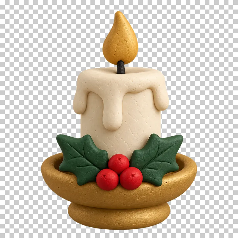 A cream clay candle with a gold flame, black wick, dripping wax and holly on a gold holder.
