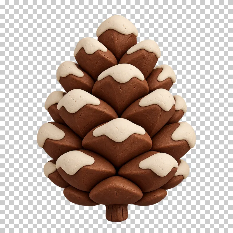 A brown clay pinecone with rounded scales and cream snow on their tips.