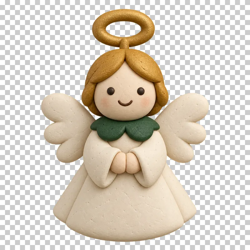 A smiling clay angel with a cream gown and wings, clasped hands, gold hair and a gold halo.