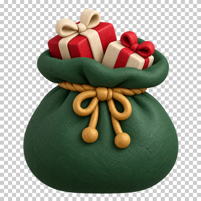 A dark green clay gift sack tied with a gold cord and filled with two red and cream gift boxes.