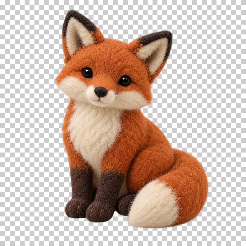 A red felt fox with pointed ears, black paws and a bushy white-tipped tail.