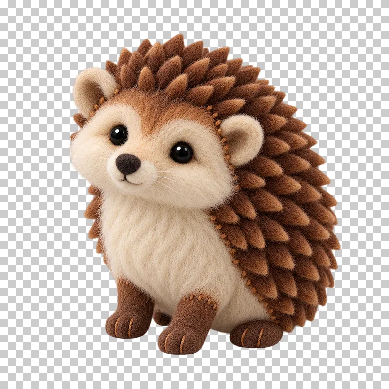 A felt hedgehog with a cream face, tiny paws and a textured brown back.