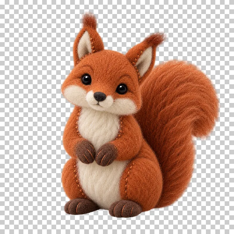 A red felt squirrel with tufted ears and a large curled tail.