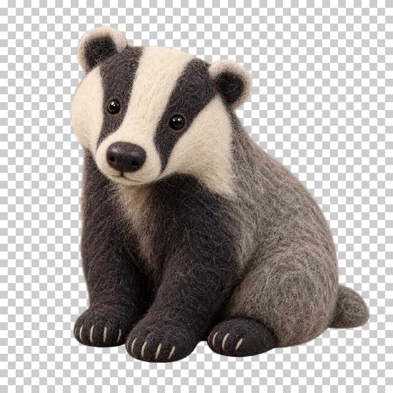 A gray felt badger with black and white facial stripes and a short tail.
