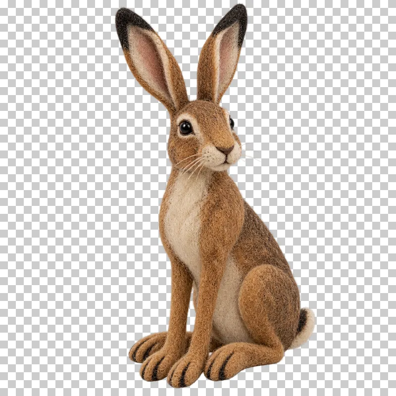 A brown felt hare with long upright ears and large hind feet.
