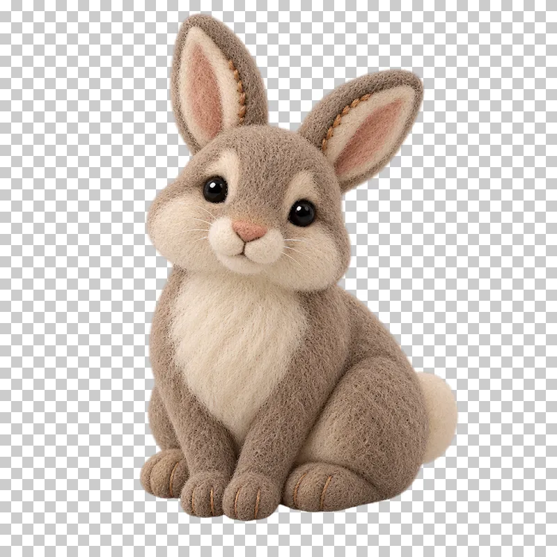 A soft brown felt rabbit with upright ears and a pale belly.