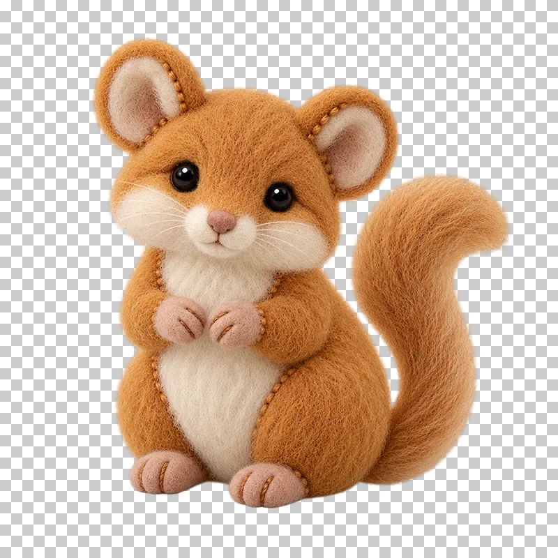 A golden-brown felt dormouse with rounded ears and a fluffy curved tail.
