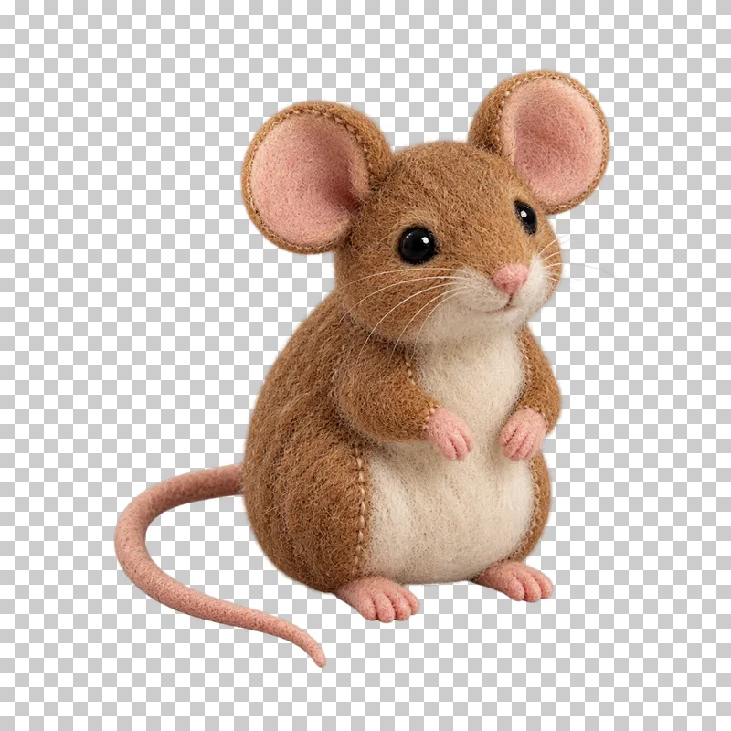 A brown felt wood mouse with large rounded ears, a cream belly and a long thin tail.