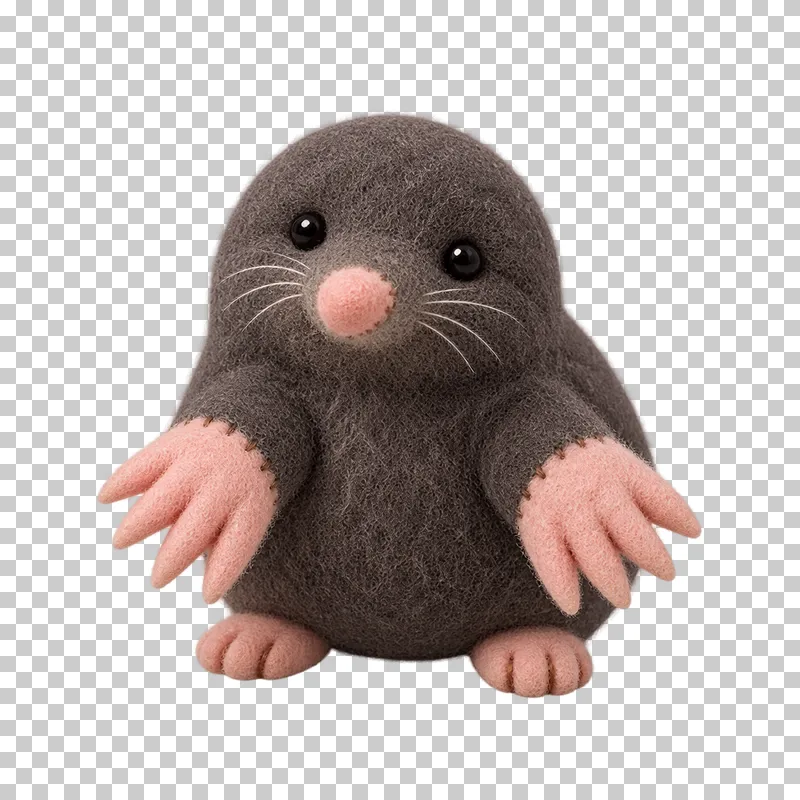 A dark felt mole with a pink nose and broad front paws.