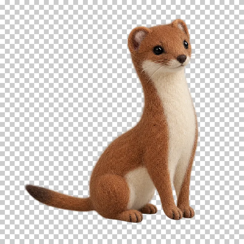 A brown felt weasel with a pale underside, short legs and a slender body.