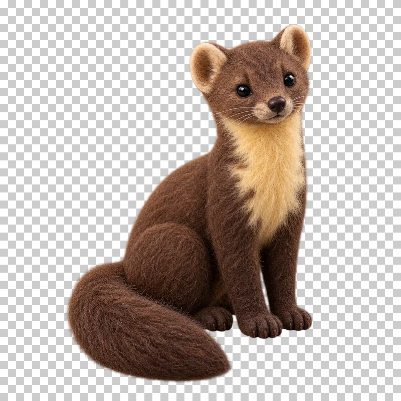 A brown felt pine marten with rounded ears, a cream throat patch and a bushy tail.