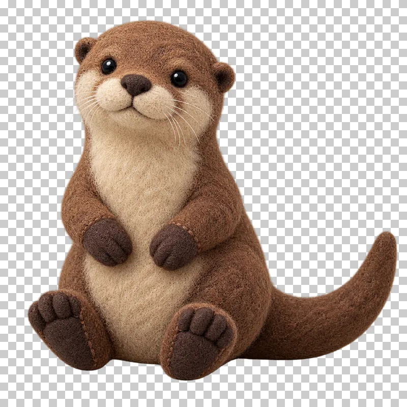 A brown felt otter with a pale muzzle, small rounded ears and a tapering tail.