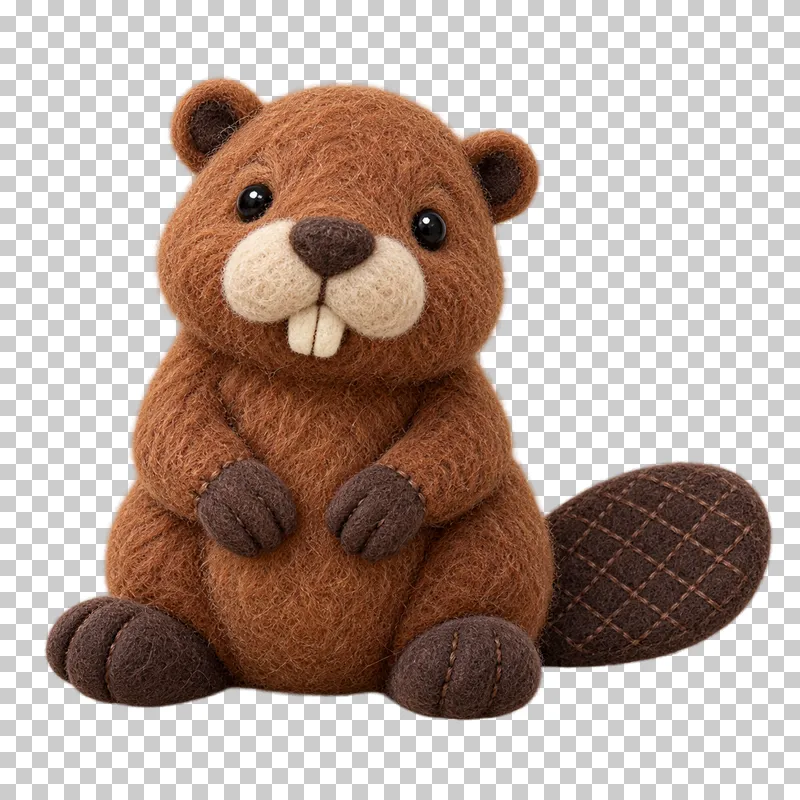 A brown felt beaver with small rounded ears and a broad flat tail.