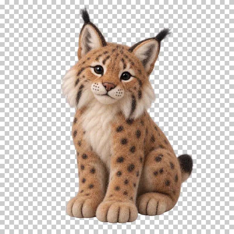 A tawny felt lynx with tufted ears, spotted fur and a short tail.