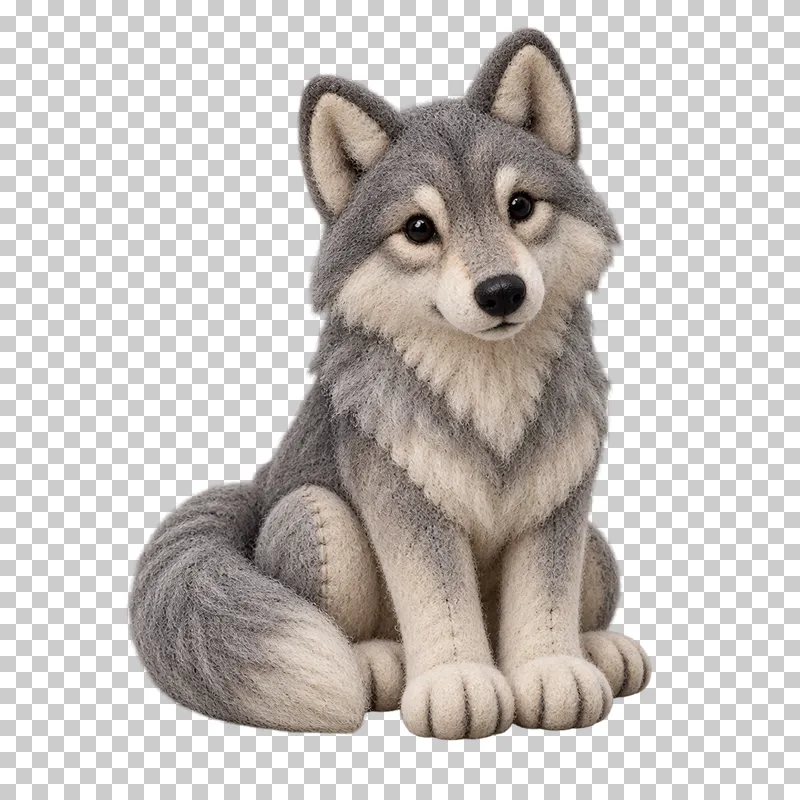 A gray felt wolf with pointed ears, a pale muzzle and a bushy tail.