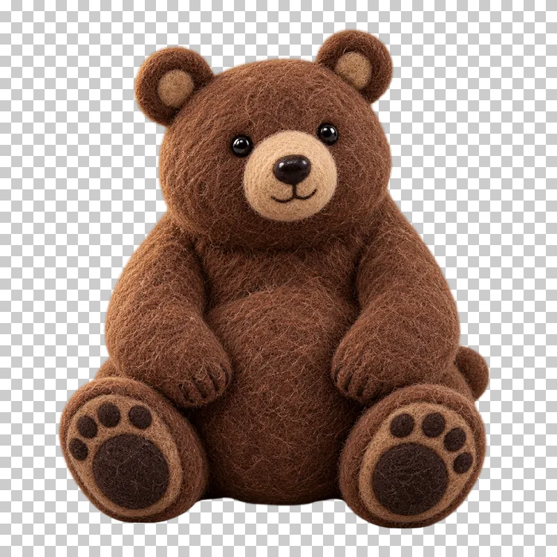 A brown felt bear with rounded ears, a broad muzzle and large paws.