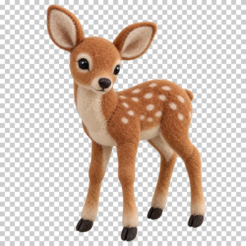 A tan felt roe deer with slender legs, large ears and a tiny tail.